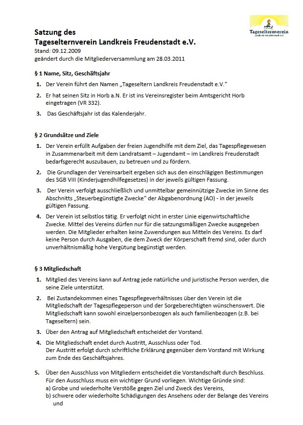 Satzung Tageselternverein Landkreis Freudenstadt e.V.