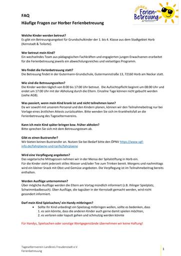TEV Ferienbetreuung FAQ Häufige Fragen