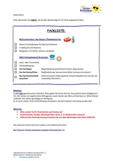 Infoblatt für die Ferienbetreuung